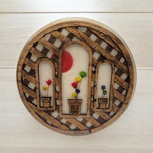 Vintage Handcrafted Floral Resin Trivet With Lattice Design 5"